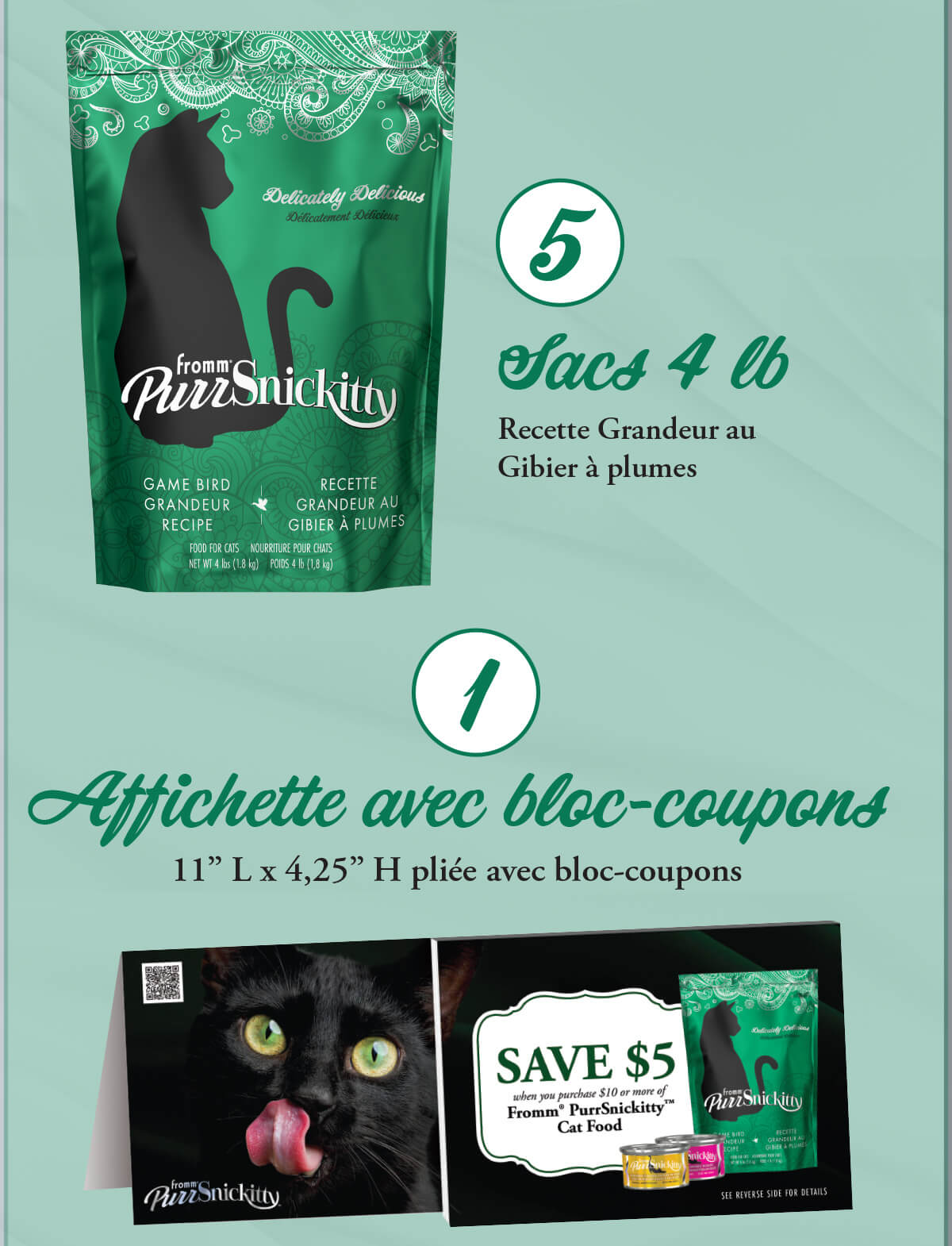 5 Sacs 4 lb Recette Grandeur au Gibier à plumes, 1 Affichette avec bloc-coupons