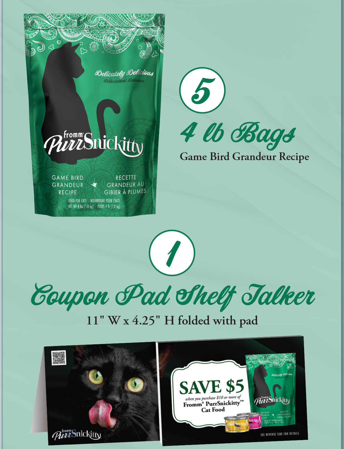 5 4 lb Bags Game Bird Grandeur Recipe. Coupon Pad Shelf Talker 11” W x 4.25” H folded with pad. 