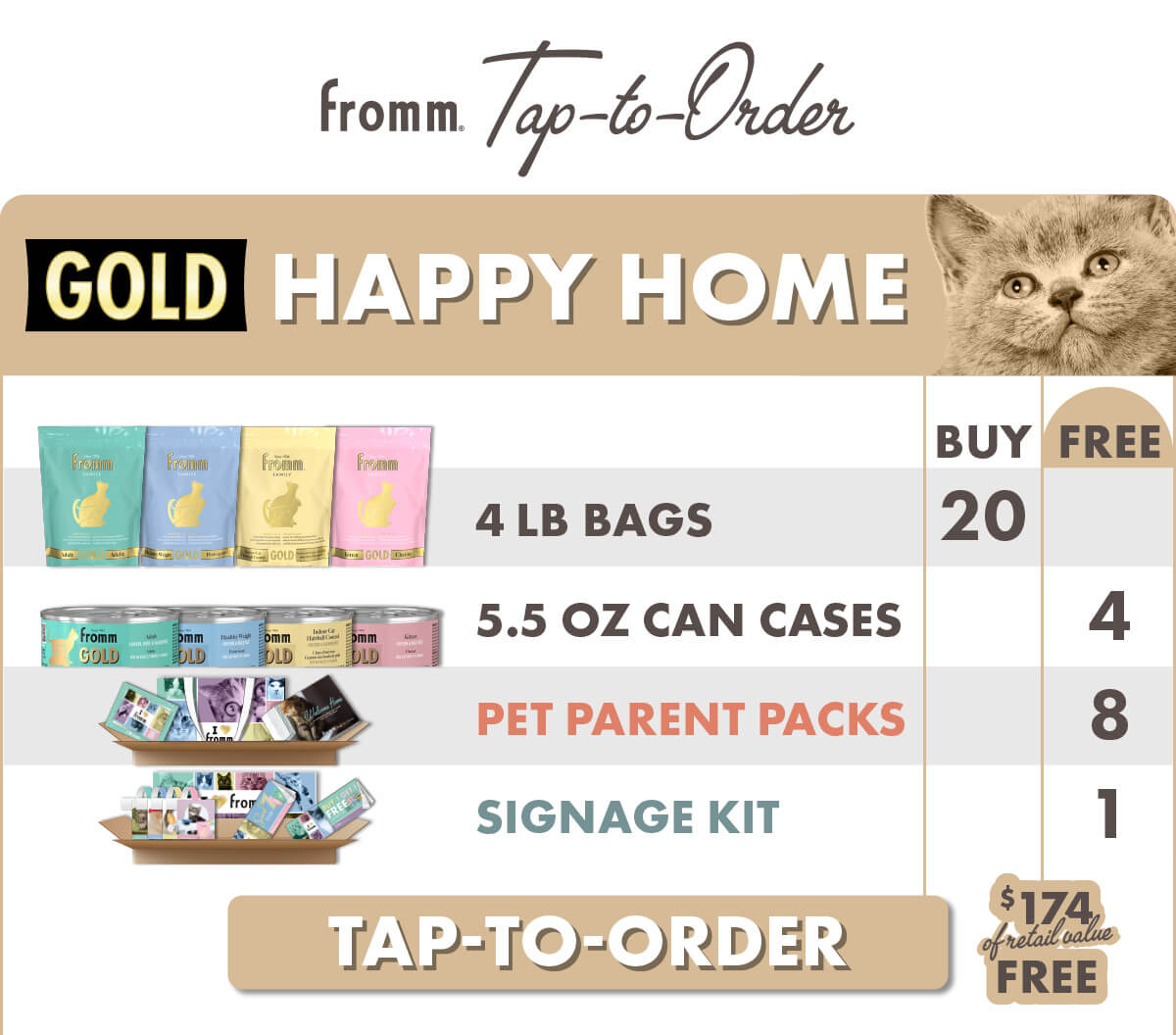 F3692B A Purrfect Home: Happy Home - Gold Cat Small Bags & Cans (CA-EN) Details  Please send with next delivery  Purchase (5) 11560 Gold Cat Adult 4 lb (5) 11580 Gold Cat Kitten 4 lb (5) 11590 Gold Cat Healthy Weight 4 lb (5) 10700 Gold Cat Indoor HBC 4 lb  Free (1) 13321 Gold Cat Adult Chicken, Duck, & Salmon Pâté 12/5.5 oz (1) 13323 Gold Cat Healthy Weight Chicken & Duck Pâté 12/5.5 oz (1) 13325 Gold Cat Indoor HBC Chicken & Salmon Pâté 12/5.5 oz (1) 13327 Gold Cat Kitten Chicken & Duck Pâté 12/5.5 oz (1) Signage Kit (8) Pet Parent Packs  F-3692B