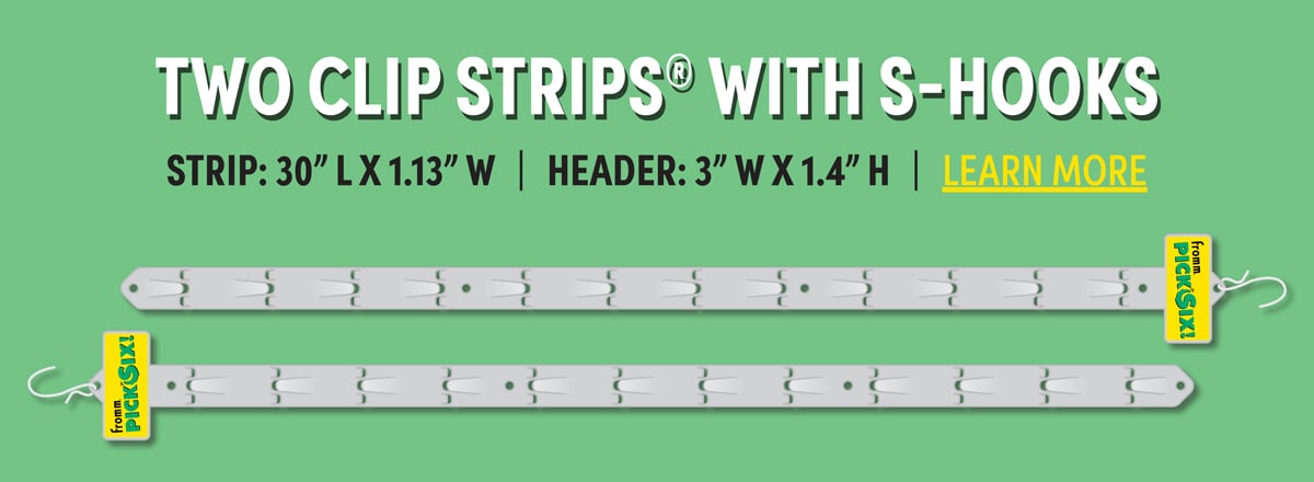 Two Clip Strip Brand Merchandisers with S-Hook and Pick Six! Header Area