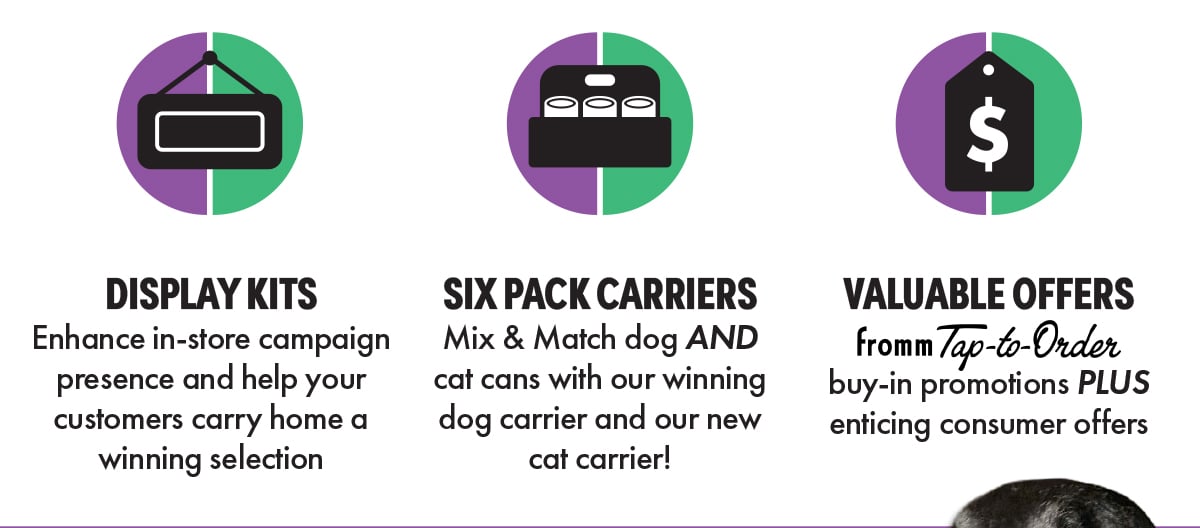 DISPLAY KITS Enhance in-store campaign presence and help your customers carry home a winning selection. SIX PACK CARRIERS Mix & Match dog AND cat cans with our winning dog carrier and our new cat carrier! VALUABLE OFFERS Fromm Tap-to-Order buy-in promotions PLUS enticing consumer offers